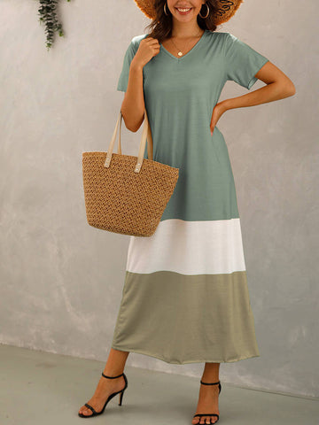 Summer New Style Stitching Contrast Color V-neck Short-sleeved Long Dress