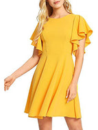 Summer New Solid Color Round Neck Lotus Leaf Sleeves Waist and Slim Dress