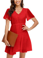 Vintage Polka Dot A-line Dress V-Neck Frill Sleeves Waist Casual Loose Pleated Dress