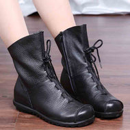 Handmade Pleated Martin Boots Cotton Boots Leather Women's Boots Top Leather Comfortable Knight Boots Soft Soled Short Boots