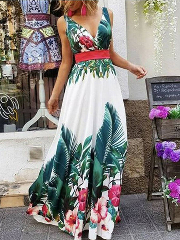 Summer Floral V Neck Sleeveless Waist Slim Temperament Dress