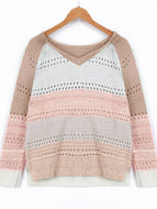 Autumn/Winter New Color Matching Hollow Loose V-neck Sweater