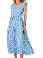 Women's V-neck Waist-length Skirt with Polka Dot Print Dress