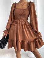 Square Neck Long Sleeve Ruffled High Waist Dress