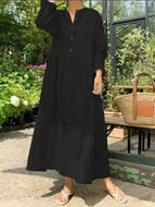 Casual Loose Collar Cotton and Linen Long Sleeve Dress