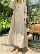 Casual Loose Collar Cotton and Linen Long Sleeve Dress