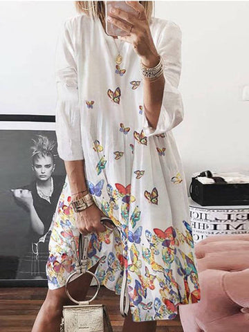 Vintage Butterfly Floral Leaf Print Crew Neck Mid Sleeve Midi Dress