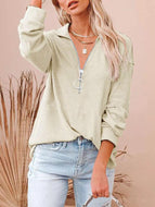 Casual solid loose zipper V-Neck long sleeve large loose pit stripe T-shirt