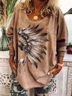 Fall Tribal Feather Print Long Sleeve Crew Neck T-Shirt Top