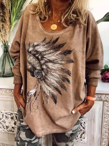 Fall Tribal Feather Print Long Sleeve Crew Neck T-Shirt Top