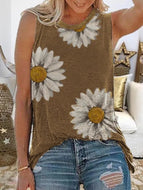 Plus Size Casual Sleeveless Crew Neck Floral Print Top