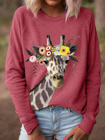 Autumn New Women Solid Color Giraffe Print Loose Top