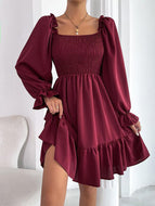 Square Neck Long Sleeve Ruffled High Waist Dress