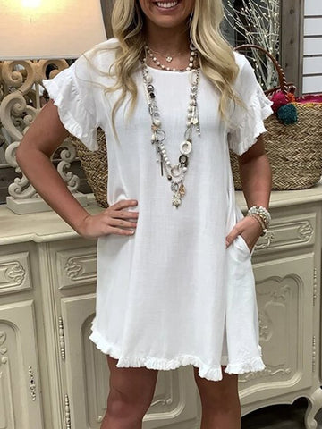 Round Neck Short Sleeve Solid Color Casual Tassel Hem Dress