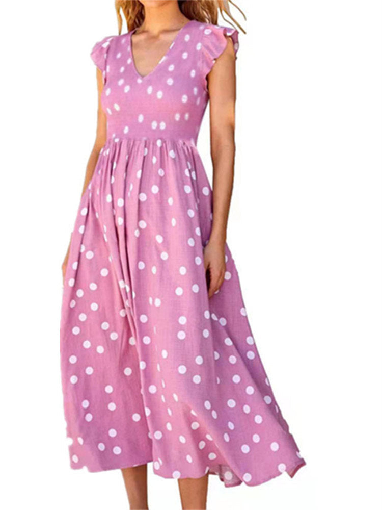 Women's V-neck Waist-length Skirt with Polka Dot Print Dress