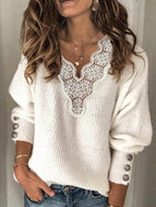 Solid Lace V-Neck Long Sleeve Sweater