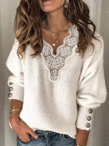 Solid Lace V-Neck Long Sleeve Sweater