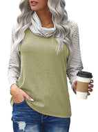 Women's spliced long sleeve pile neck top striped sleeve printed T-shirt