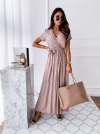 Sexy Short Sleeve V-Neck Bohemian Polka Dot Print Dress Maxi Dresses For Beach