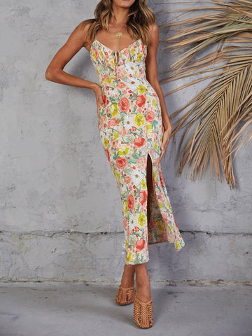 ins Style Temperament Sexy Sling Floral Side Slit Long Dress