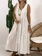 V-neck High Waist Loose Solid Color Casual Maxi Dress