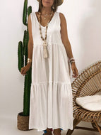 V-neck High Waist Loose Solid Color Casual Maxi Dress