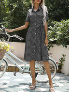 Summer New Small Floral Lapel Button Short-sleeved Straps Waist Temperament Shirt Dress