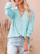 Casual solid loose zipper V-Neck long sleeve large loose pit stripe T-shirt