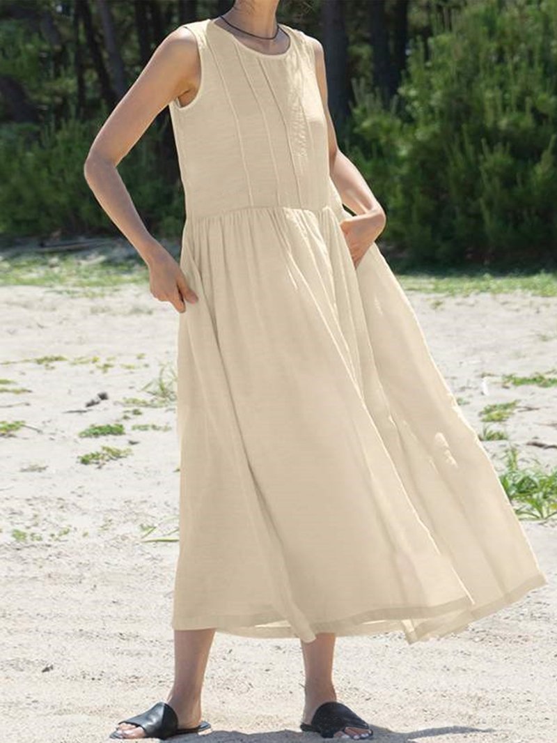 Cotton Linen Casual Pocket Solid Color Sleeveless Long Hem Dress