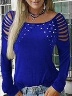 Round Neck Studded and Rhinestone Perforated Long Sleeve Blouse