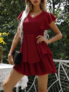 Summer New Fashion V-neck Petal Sleeve Solid Color Waist Cake Dress