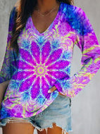 Blue Mandala Print Loose Long Sleeve T-shirt