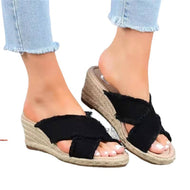 Women's Wedge Sandals Denim Fashion Hemp Woven Lightweight High Heel Slippers