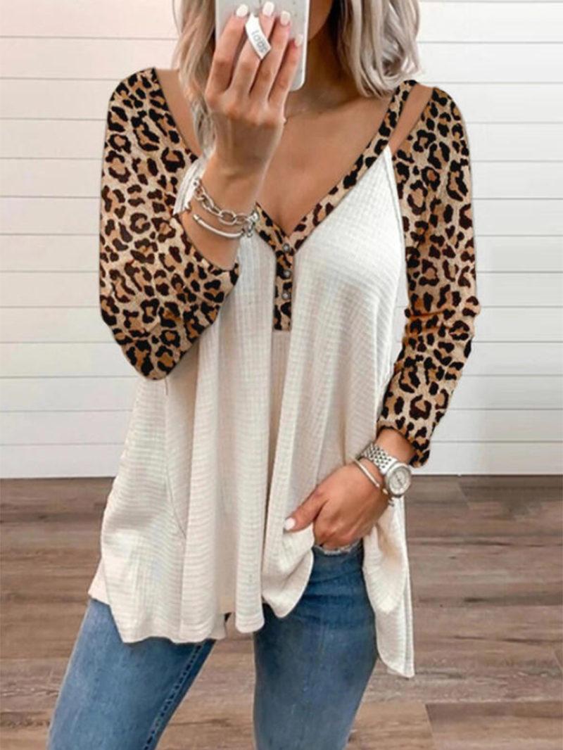 Leopard print contrast casual T-shirt