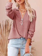 Casual solid loose zipper V-Neck long sleeve large loose pit stripe T-shirt