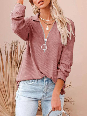 Casual solid loose zipper V-Neck long sleeve large loose pit stripe T-shirt