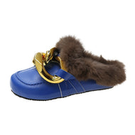 Metal Chain Lazy Slippers with Faux Fur