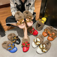 Metal Chain Lazy Slippers with Faux Fur