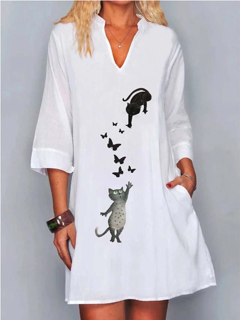 Cotton and Linen Cat Print Half Sleeve A-line Dress