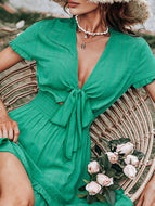 Green V Neck Low Cut Sexy Bow Short Sleeved Waist Length Dress