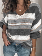 Winter New Solid Color Stitching Casual V-neck Striped Sweater