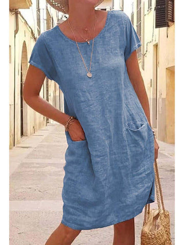 Loose Solid Pocket Short Sleeve Crew Neck Cotton Linen Dress