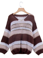 Winter New Solid Color Stitching Casual V-neck Striped Sweater