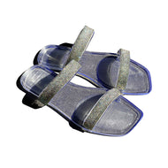 Fashion Flat Bright Diamond Sandals Large Size Outer Shoes Square Toe Slippers