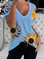 Sunflower Print Short-sleeved Round-neck T-shirt