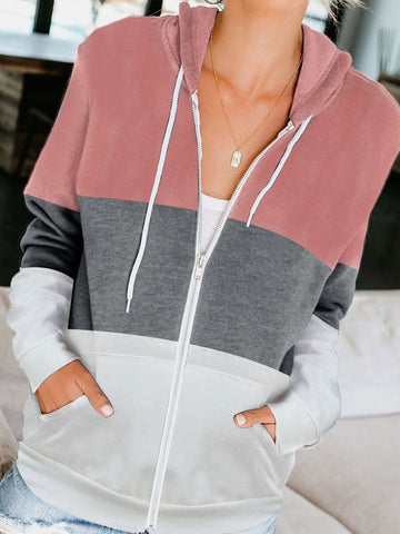 Long-sleeved Contrast Color Hooded Sweater Women Zipper Coat