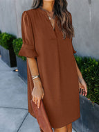 Summer New Chiffon Dress Amazon Loose Middle Sleeve Solid Color V Neck and Knee Skirt