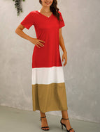 Summer New Style Stitching Contrast Color V-neck Short-sleeved Long Dress