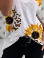 Sunflower Print Short-sleeved Round-neck T-shirt