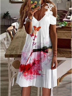 Ladies Printed Off Shoulder Lace Short Sleeve Midi Dress Casual V Neck Dresses